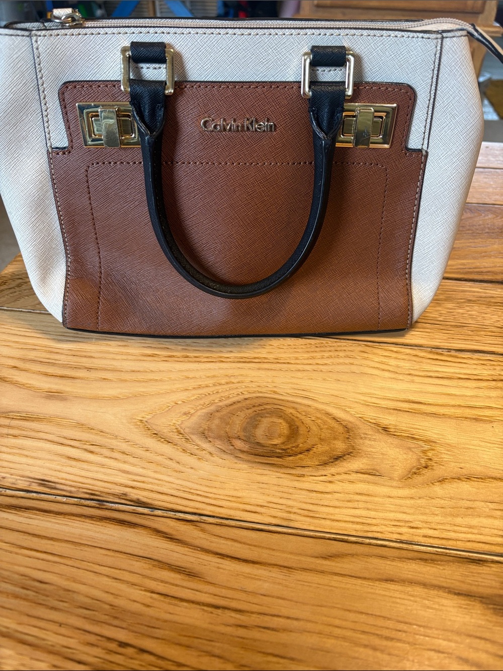 Calvin Klein Brown, Cream & Black Colorblock Satchel